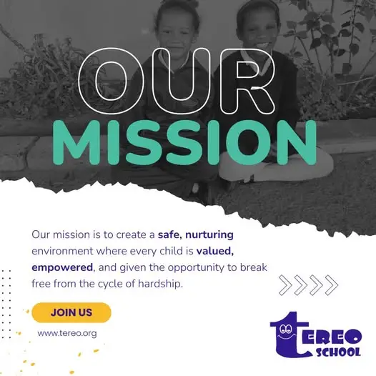 May be an image of 2 people, child and text that says "OUR MISSION Our mission is to create a safe, nurturing environment where every child is valued, empowered, and given the opportunity to break free from the cycle of hardship. >>>> ဆရေ၀ BEO SCHOOL JOIN US www.tereo.org"